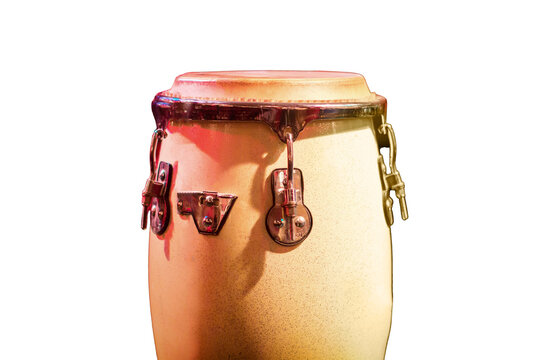 Traditional ethnic Cuban Djembe drum isolated on a white background. Percussion instruments made of wood covered with leather. Ethnic african drum set at a concert of jazz music.