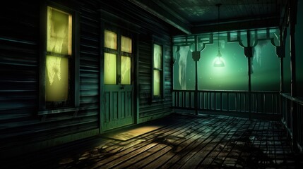 Front Porch of a ghostly, creepy and abandoned building, Haunted house Background, Digital Illustration, Concept Art, Generative AI