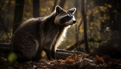 a grey raccoon looking around the forest enjoying its day
