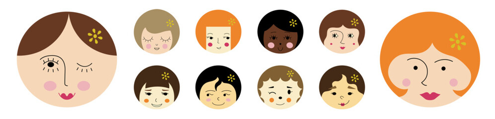Feminine look, abstract personage, mascot design, funny face, cute icon.