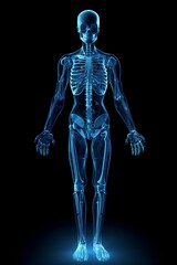 Power of AI in health care. A blue human anatomy on a dark background. Innovative diagnostics, personalized treatments, and advanced imaging technologies. Future of digital medicine. Generative AI