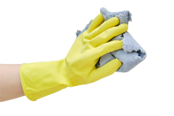 Woman hand wipes the front of the cabinet with a rag while cleaning the home kitchen, isolated on a white background