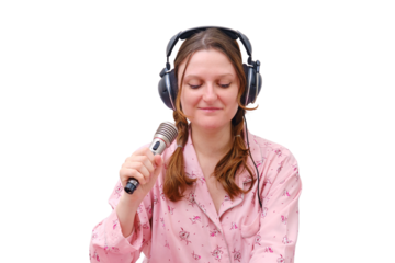 Portrait of an adult female musician in red pajamas, isolated on a white background