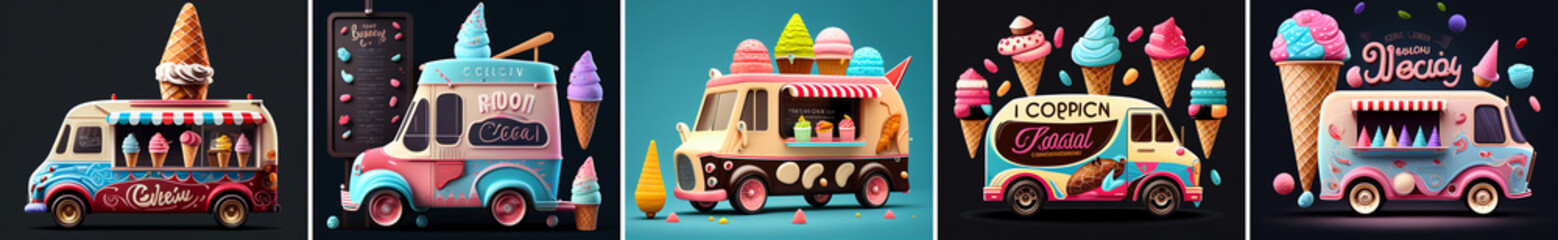 Ice cream food truck, isolated van, cartoon car for street food icecream Automobile cafe on wheels with ice cream assortment, loudspeaker on rood and chalkboard, 3d illustration. 