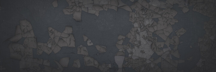 Dark wide panoramic background. Peeling paint on a concrete wall. Faded dark texture of old cracked...