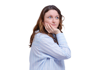 Portrait of an adult woman in a blue shirt, isolated on a white background