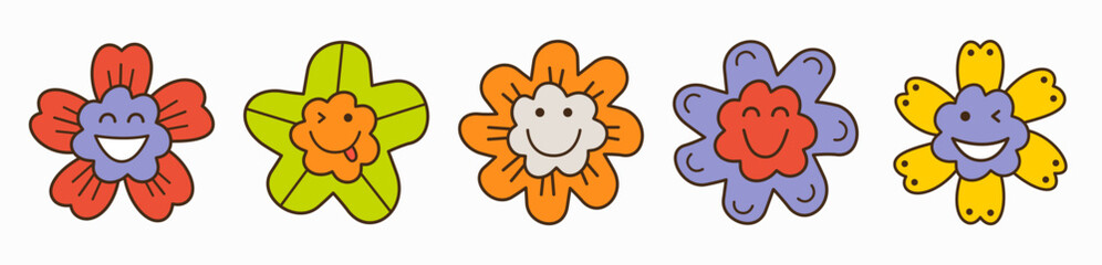 Smiling flower, abstract personage, mascot design, funny face, cute icon.