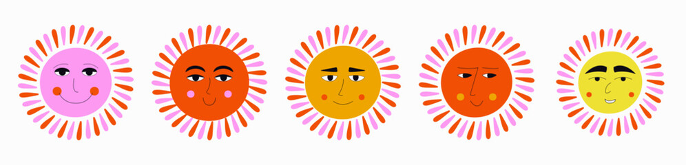 Smiling sun, abstract personage, mascot design, funny face, cute icon.