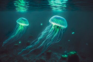 Magic bioluminescent jellyfish glowing in the water. Generative AI