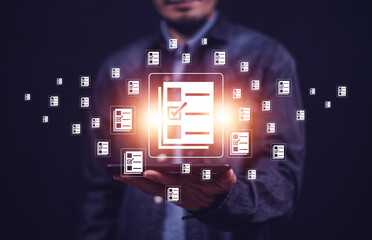 Documents management information system concept, Businessman using visual screen internet for Documents management information system and ERP program data directory in company, ERP document management © Suriyo