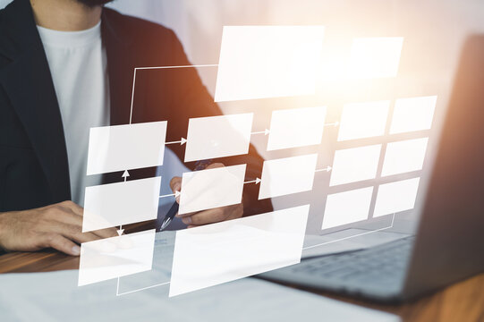 Businessman working on workflow document management concept, workflow documents manage flowchart.