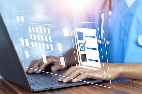 Doctor workflow using technology document management on computer system management for cardiologist Specialist in treating heart disease for treatment in hospital , DMS document management concept