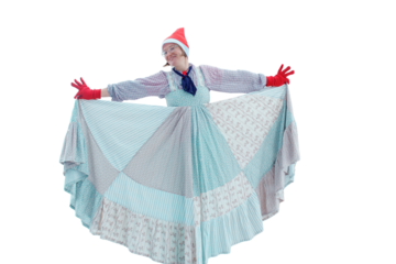 Happy woman dancing in blue dress and santa hat on christmas, isolated on white background