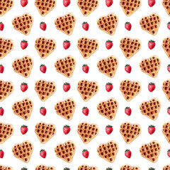 Watercolor illustration with wafers of various shapes. Heart waffles, square waffles, and round waffles
