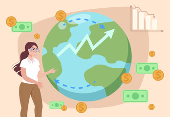 Woman explaining global economic situation vector illustration. Planet Earth with import and export waypoints, inflation diagram, money exchange. Recession in world economy, economic crisis concept