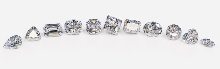 Eleven loose diamonds of the most popular cut styles lined up on white background. 3d illustration