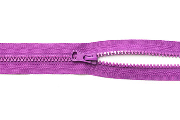 Plastic zipper isolated on white. Fabric fastener. Tailoring object. Object cutout on white. Fastener fashion background. Garment sewing zipper. Purple color. © Paweł Michałowski