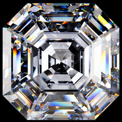 Large close up asscher cut diamond isolated on black background. 3d rendering.