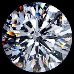 Large close up round cut diamond isolated on black background. 3d rendering.