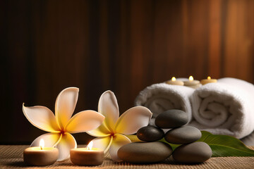 Fototapeta na wymiar spa composition on massage with Soft White Towels, Essential Oils, flower, Candles, and Relaxation. Generative AI