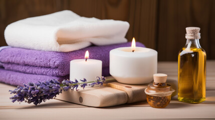 Fototapeta na wymiar Spa still life with lavender oil, white towel and perfumed candle on natural wood ,Generative AI