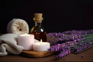 Obraz na płótnie Canvas Spa still life with lavender oil, white towel and perfumed candle on natural wood ,Generative AI