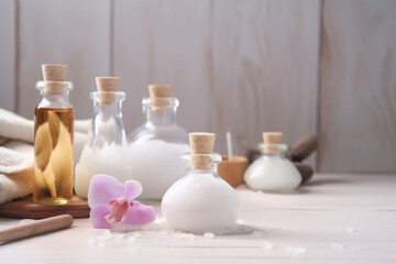 beauty treatment items for spa procedures on white wooden table. massage stones, essential oils and sea salt Generative AI