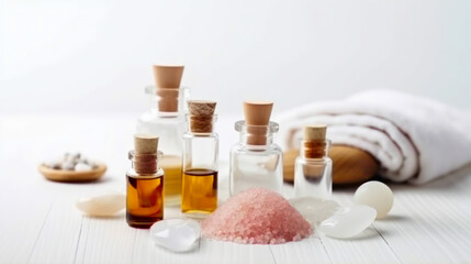 Fototapeta na wymiar beauty treatment items for spa procedures on white wooden table. massage stones, essential oils and sea salt Generative AI