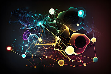 background with molecule atom style abstract colorfull glowing spots connected over lines and vector universe and solarsystem mindmap technology style