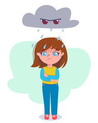 Sad girl under rain vector illustration. Upset person struggling with mental issues and angry gray cloud on white background. Emotion, depression, mental health, self-care concept