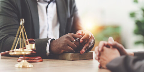American African Lawyers advice to client about agreement contract. Law, legal services, advice, Justice concept
