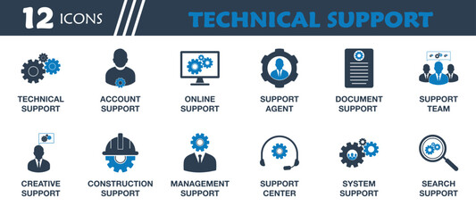 Technical Support Icon Set. Collection of Technology, Account, Online, Creative, Construction, Management, System Help and Team Icons. Editable Vector Symbol Illustration.