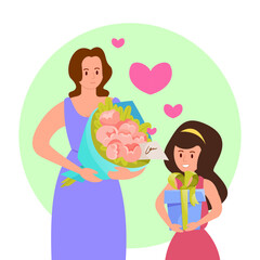Mother and daughter with gifts vector illustration. Happy woman receiving flowers and presents from child, celebrating holiday together. Mothers day, family, flowers, attention concept
