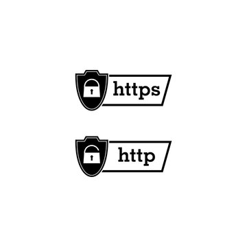 HTTP and HTTPS protocols on shield. Safe and secure icon isolated on white background