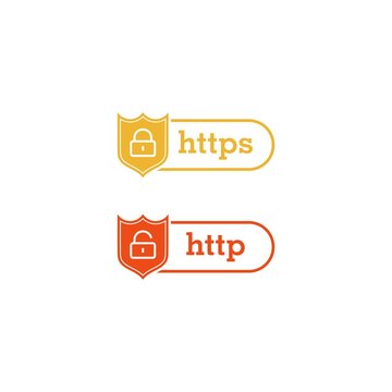 HTTP and HTTPS protocols on shield. Safe and secure icon isolated on white background