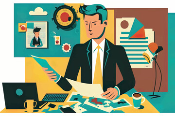 Vector Illustration of 2d flat illustration, businessman working