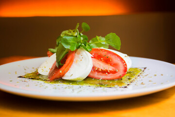 Caprese salad is an Italian salad made up of sliced tomatoes and fresh mozzarella, and fresh basil leaves.
