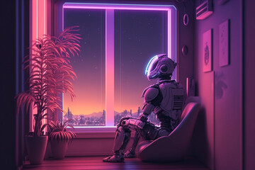 robot cyborg sad at the window futuristic fantasy style illustration Generative AI