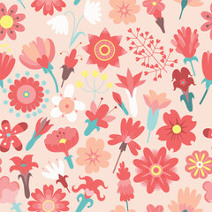 Garden flower, plants, botanical, seamless pattern vector design for fashion, fabric, kids,  wallpaper and all prints on pink background color. Cute pattern in small flower. Small spring, colorful flo