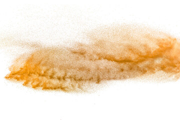 Fototapeta na wymiar Brown sand explosion isolated on white background. Abstract sand cloud backdrop.