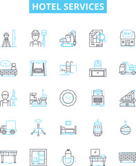 Hotel services vector line icons set. Accommodation, Amenities, Restaurants, Catering, Spa, Pool, Swimming illustration outline concept symbols and signs