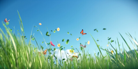 Summer clear green meadow with butterfly flying over blooming summer flowers. Generative AI