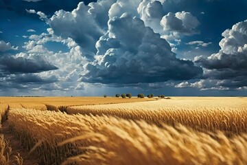 Landscape of wheat fields with cumulus clouds. Dreamy summer landscape. Generative AI.