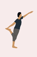 Fototapeta na wymiar A side view of a young man is doing a yoga dancer pose against a plain background. Wellbeing, healthy lifestyle, workout