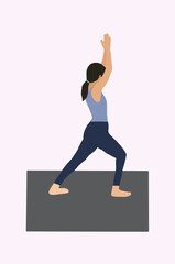 Fototapeta na wymiar A side view of a young Asian woman is doing a yoga warrior one pose against a plain background. Healthy, wellbeing, sporty