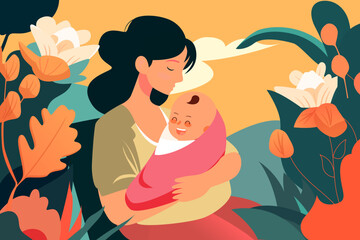 Mother hugs her baby on a background of plants and flowers, vector illustration