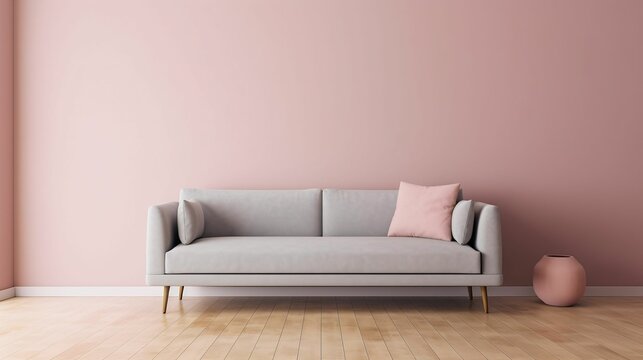 Canap&eacute; gris, sofa, adoss&eacute; &agrave; un mur rose pastel, pi&egrave;ce vide, illustration graphique, ia g&eacute;n&eacute;rative