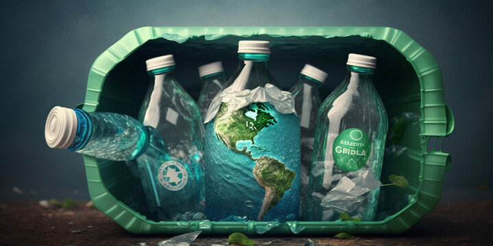 plastic bottles in recycling bins for earth day campaign. Generative AI