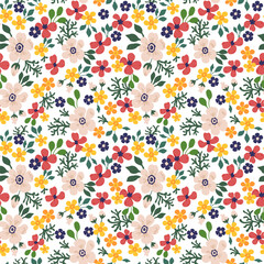 A pattern of neutral beige, red, blue and yellow flowers with green leaves on a white background. Seamless floral vector repeating pattern.
