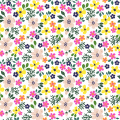 Pattern of neutral beige, pink, yellow and blue flowers with green leaves on a white background Seamless floral vector repeating pattern.